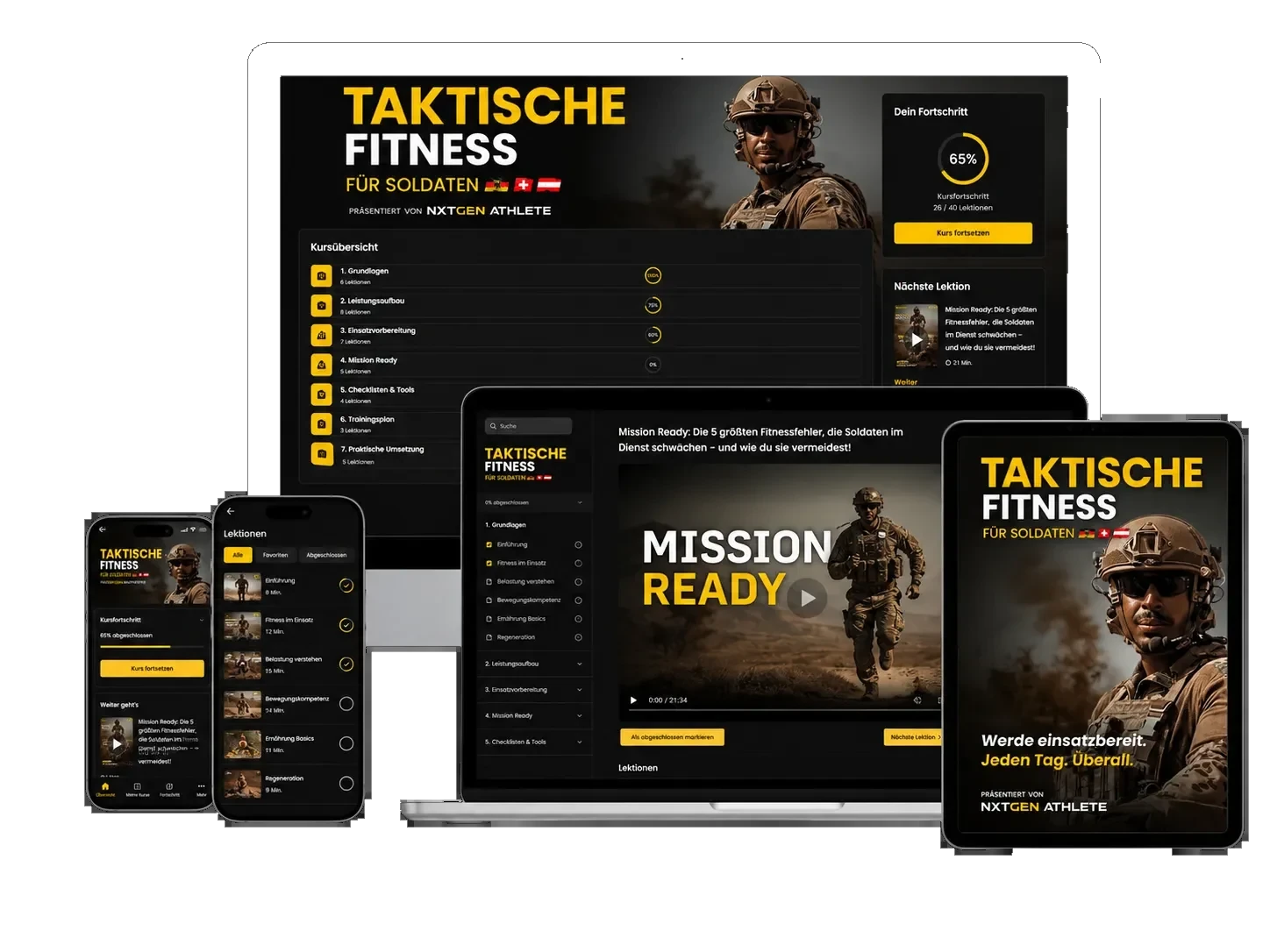 Der Kurs auf der Lernplattform LearningSuite, Ansicht für Desktop und Smartphone